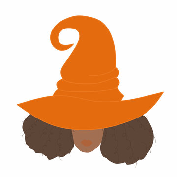Dark skin girl with orange color witch hat. Halloween concept.