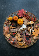 wiccan altar with wheel of the year close up on dark abstract background. crystals, bird skull, pentacle and magic things. witchcraft, esoteric ritual for samhain sabbat. autumn season. top view - obrazy, fototapety, plakaty