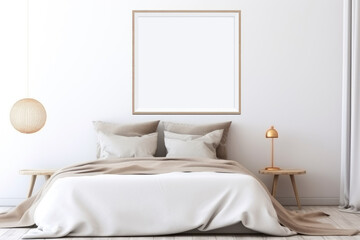 Wall art mockup. Wall art in bedroom. One wall art with wooden borders. Bedroom interior background. Empty mockup frame