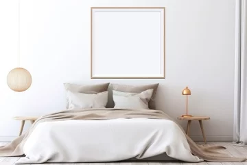 Deurstickers Wall art mockup. Wall art in bedroom. One wall art with wooden borders. Bedroom interior background. Empty mockup frame © Mano Art Pro