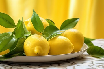 Lemon on platter, lemon on backdrop, detailed shot of white lemon leaves. Generative AI