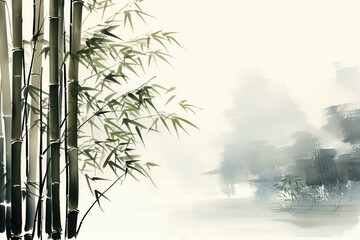 Artistic depiction of serene nature with bamboo and elegant calligraphy. Generative AI