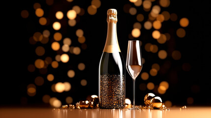 Champagne bottle on black background with champagne glasses. Sparkling lights and bokeh on backdrop