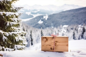 Wooden box on the snow, indicating the arrival of Christmas, background to place designs.