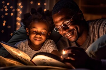 A father and his young black son read a story together while hiding under the covers. - obrazy, fototapety, plakaty