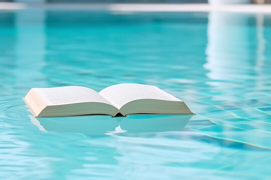 A book fallen into the water of a pool, open and with the pages of literature wet.