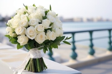 Wedding bouquet with roses on the bollard in yacht - obrazy, fototapety, plakaty