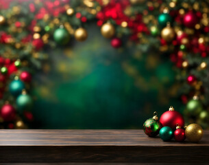 table top christmas blurry background with christmas tree and decorations