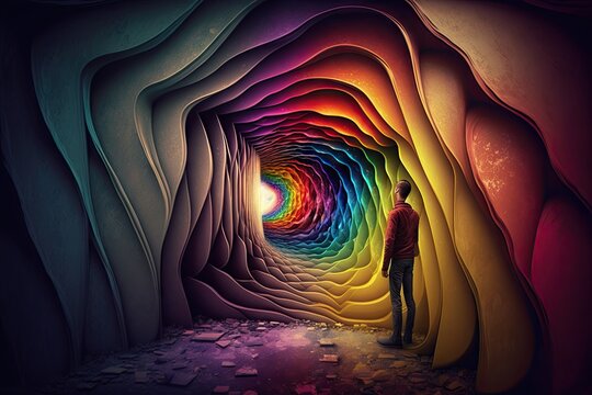Man in red jacket looking at abstract tunnel with rainbow colors