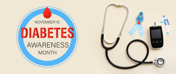 Banner for Diabetes Awareness Month with glucometer, stethoscope and ribbon
