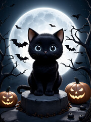 gato negro frente a una luna llena con murciélagos y calabazas, arte gótico