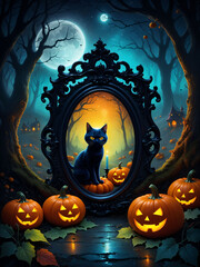 gato negro sentado en un espejo rodeado de calabazas, arte gótico