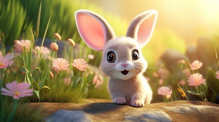 Cute scene of a little bunny in nature, illustration in 3d cartoon style. Created with Generative Ai technology.