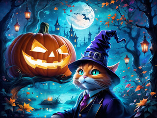 un gato disfrazado de bruja con una calabaza de fondo y una luna llena, pintura digital, arte gótico