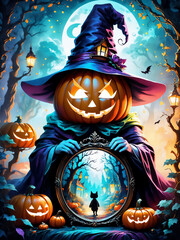 calabaza con un sombrero de bruja y un espejo frente a la luna llena, arte de fantasía