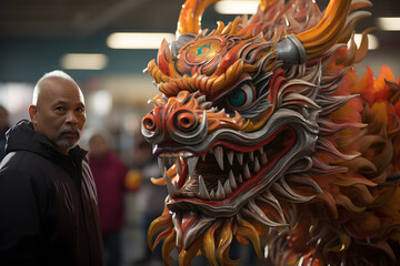 Serious looking man posing next to chinese dragon sculpture ai generated art