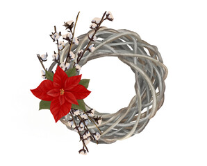 Watercolor Wooden Christmas wreath with cotton, poinsettia and floral arrangement 