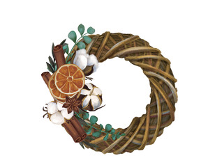 Watercolor Wooden Christmas wreath with cotton, dried oranges, cinnamon and floral arrangement 
