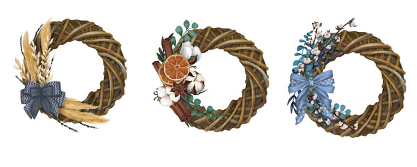 Set of watercolor Wooden Christmas wreath with cotton, cinnamon, dried oranges and floral arrangement 