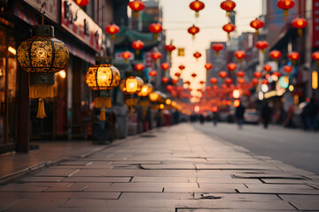 Traditional Chinese red lanterns in the city illuminated for festival ai generated art