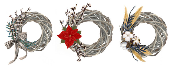 Set of watercolor Wooden Christmas wreath with cotton, cinnamon, dried oranges and floral arrangement 