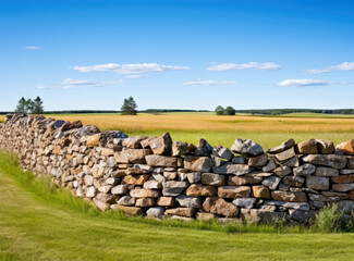 Stone wall next to grassy field in Scottish countryside, Dutch landscape.