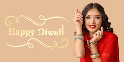 Greeting banner for Diwali (Festival of lights) with young Indian woman on beige background