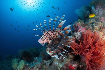 Tropical lionfish swimming amidst vibrant corals. Generative AI