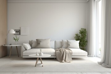 Fototapeta na wymiar Mockup of a minimalist white living room in a modern home. Generative AI