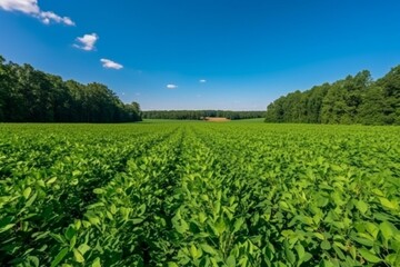 Vibrant soybean field amidst bright summer, with lush forest and clear blue sky as backdrop. Generative AI