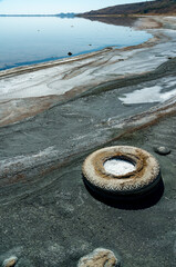 precipitation of self-precipitating salt on the shore and inside an old car
