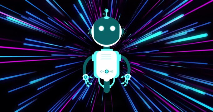 Animation of ai chat bot over colourful light trail striped background