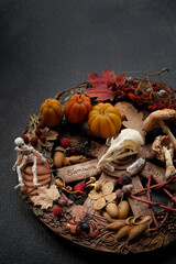 wiccan altar with wheel of the year close up on dark abstract background. crystals, bird skull, skeleton, amulets and magic things. witchcraft, esoteric ritual for samhain sabbat. autumn season