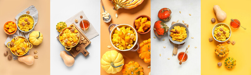 Set of tasty porridge with pumpkin on color background, top view