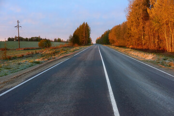 Fototapeta premium View of the road stretching into the distance on a clear autumn morning. Bright colors of an autumn morning.