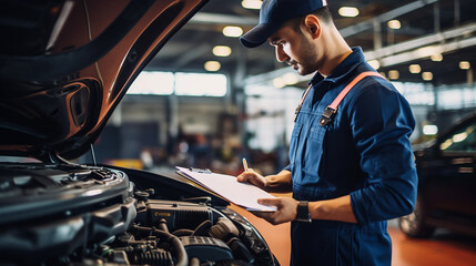  Young mechanic filling paperwork while examining car engine at auto repair shop - obrazy, fototapety, plakaty