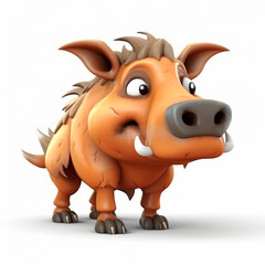 Fototapeta premium Wild pig, boar with tusks, funny cute cartoon 3d illustration on white background, creative avatar 