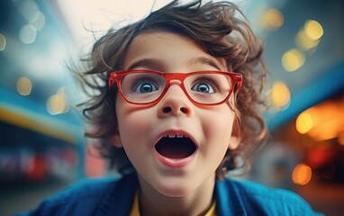 Funny child boy with huge colorful glasses in the classroom