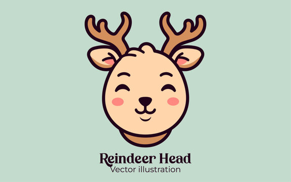 Cute reindeer head vector, a Christmas cartoon character for Happy winter holiday