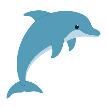 Cute blue dolphin jumping. Sea and ocean animal. Underwater life. Childish character. Vector flat illustration isolated on white background