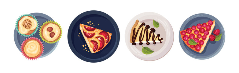 Sweet Desserts with Cake and Cupcake Above View Vector Set