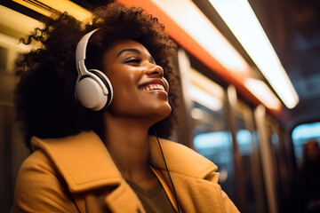 Happy and beautiful african american woman smiling, listening to the music in subway or train