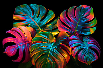 Tropic monstera leaves in multicolor neon lights flat lay. Abstract minimal summer creative concept
