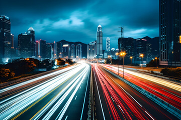 Fototapeta na wymiar Cars light trails at night in a curve asphalt road at night in modern urban city, long exposure image