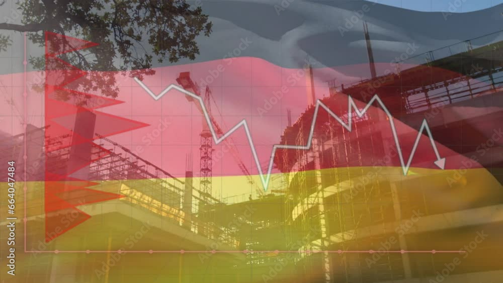 Poster animation of red diagram, data processing and flag of germany over building site