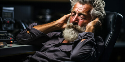 Close-Up: Exhausted Man in Office Chair Rubbing His Head in Dark Room