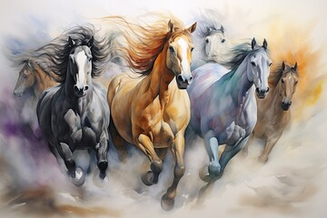 Group of horses running in the wind, colorful art