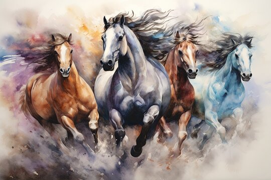 Group of horses running in the wind, colorful art