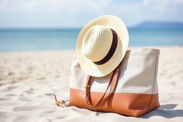 Fototapeta na wymiar Stylish beach bag with accessories. summer vacations
