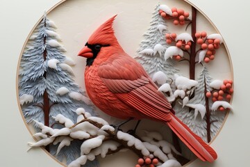 Large red bird with feathers and pine trees, colored image